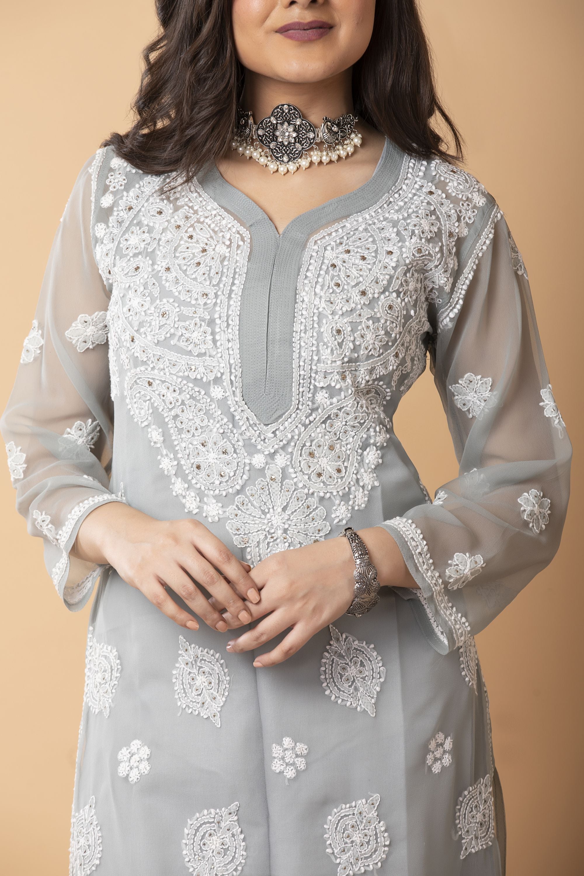 Rayon Grey Lucknowi Chikankari Suit, Stitched at Rs 549 in Surat | ID:  2853588577012