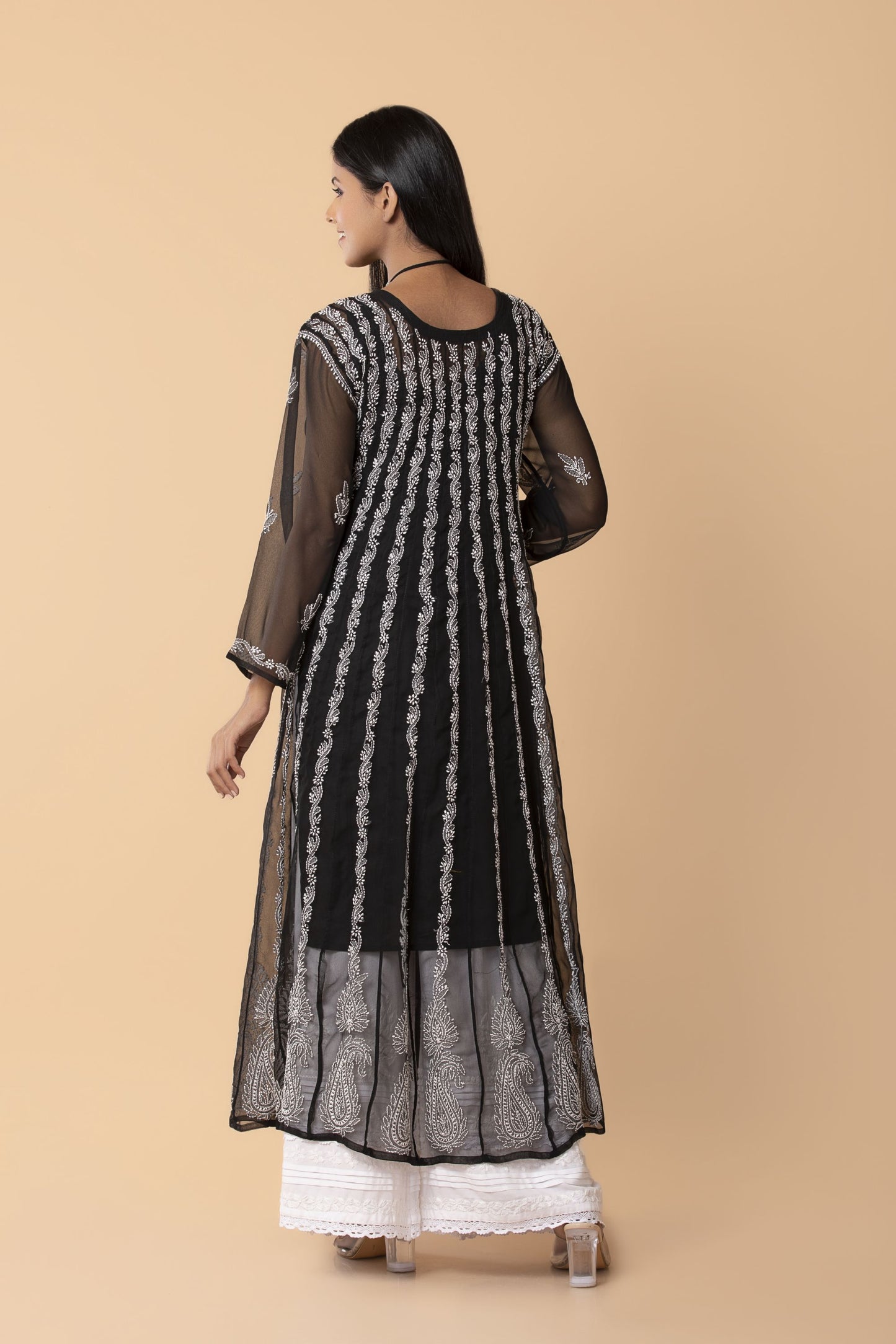 Skin freindly semi georgette Lucknow Chikan Emporium Hand Chikankari nice Black Anarkali Kurti