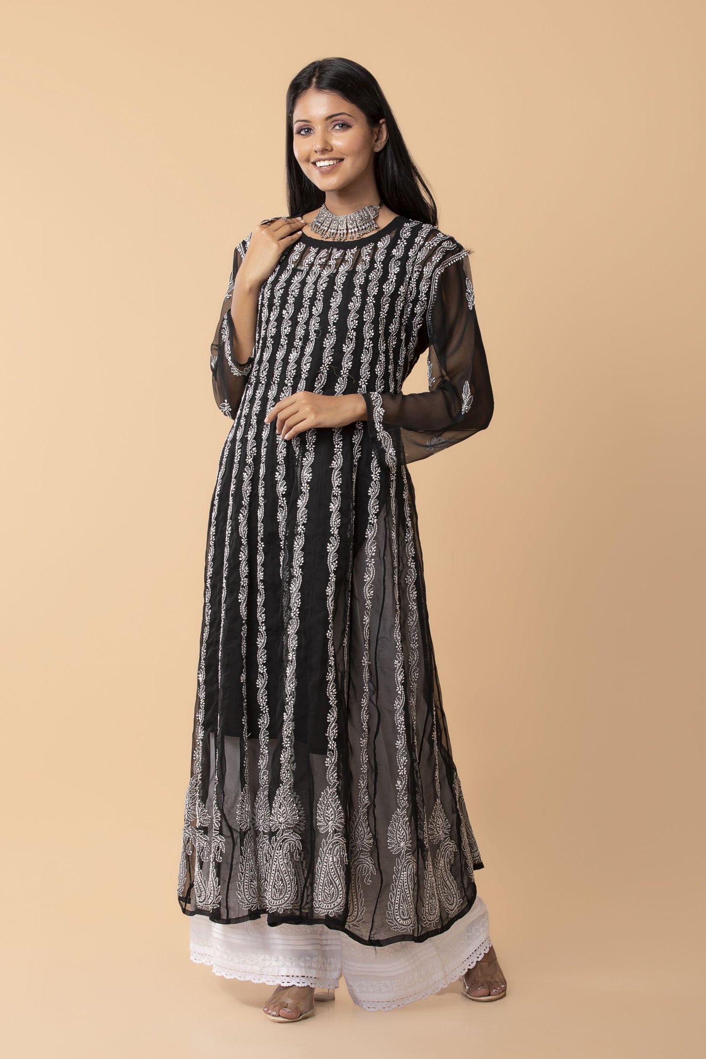 Skin freindly semi georgette Lucknow Chikan Emporium Hand Chikankari nice Black Anarkali Kurti