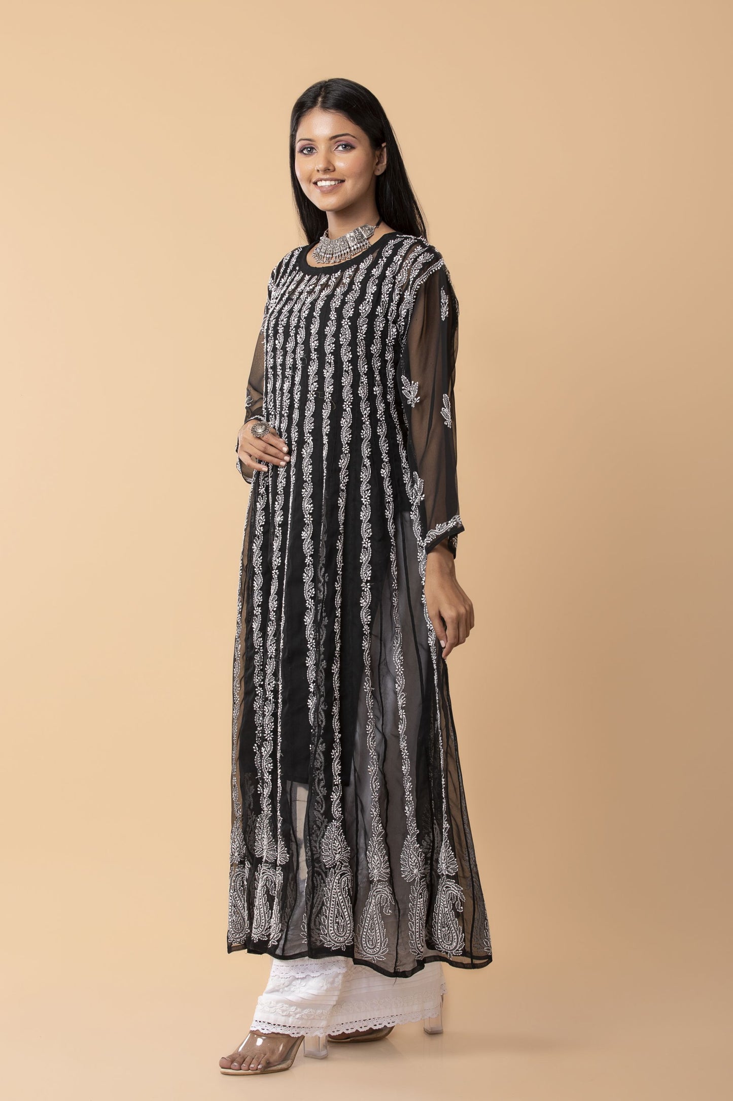 Skin freindly semi georgette Lucknow Chikan Emporium Hand Chikankari nice Black Anarkali Kurti