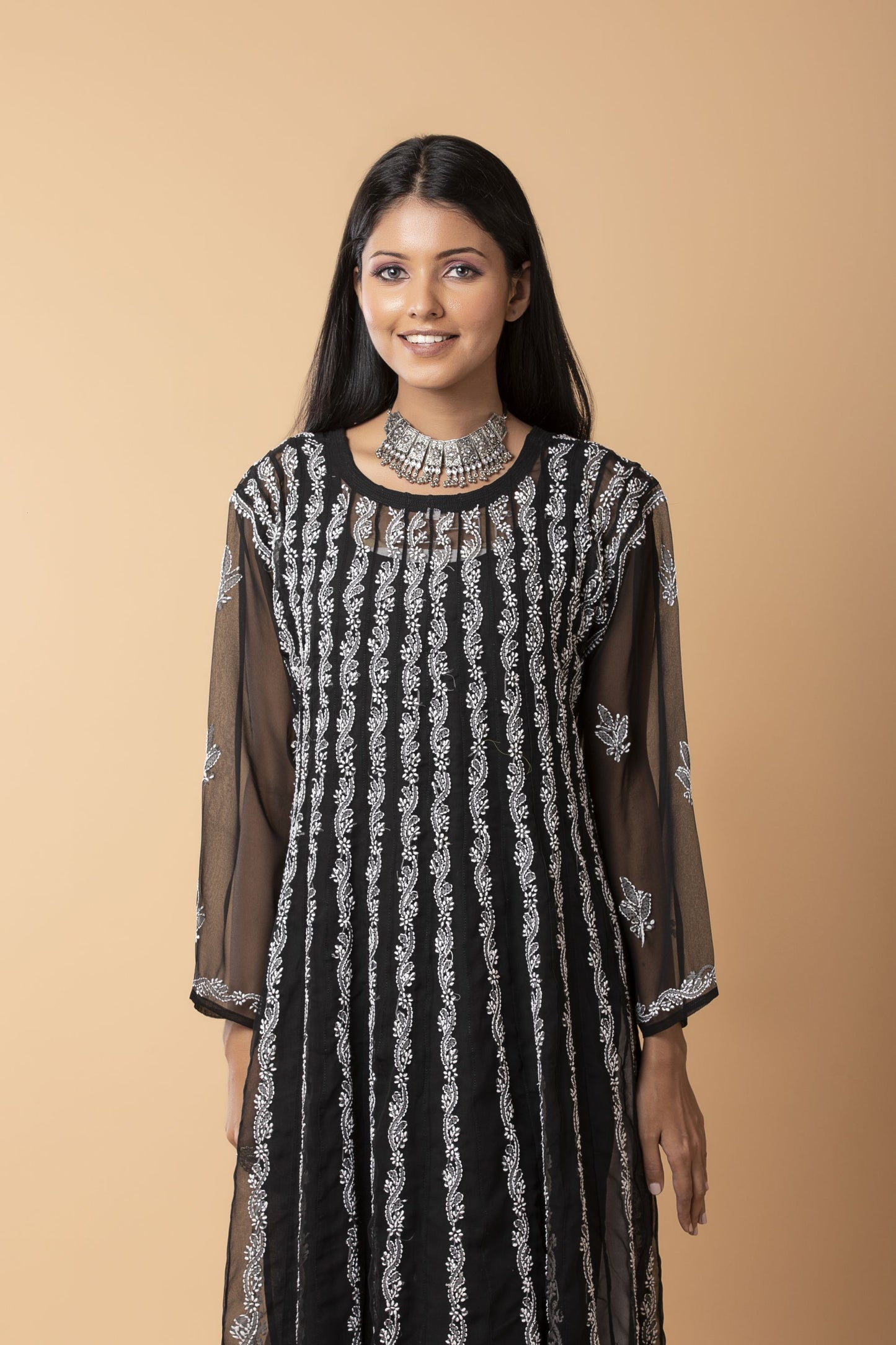 Skin freindly semi georgette Lucknow Chikan Emporium Hand Chikankari nice Black Anarkali Kurti