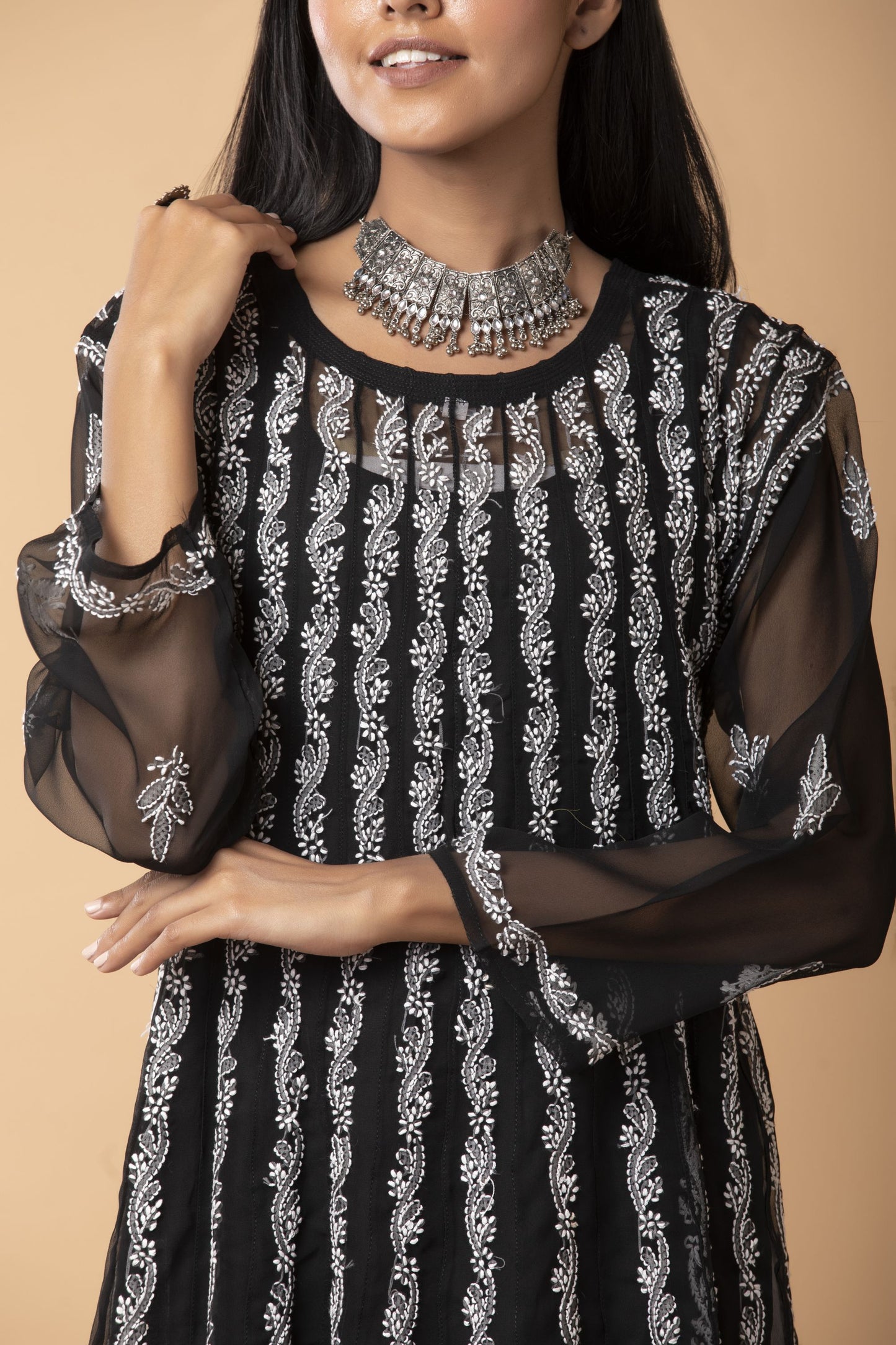 Skin freindly semi georgette Lucknow Chikan Emporium Hand Chikankari nice Black Anarkali Kurti