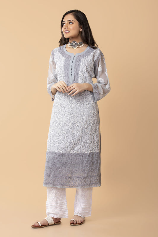 Grey Hand embroided Semi georgette Chikankari Long plus size Kurti Lucknow Chikan Emporium.