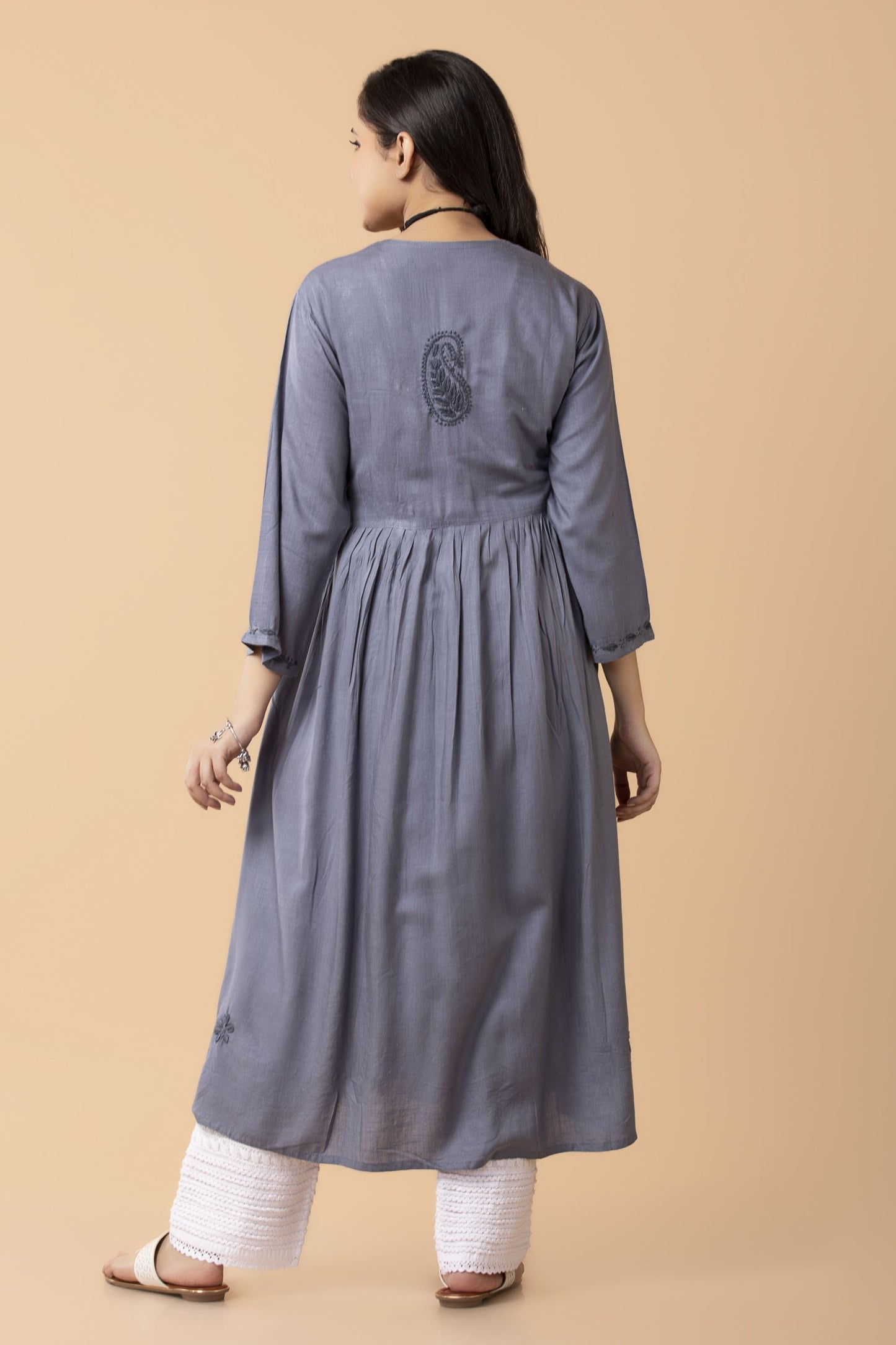 Lucknow Chikan Emporium Hand embroided Skin Freindly cotton rayon Chikankari Grey Angarkha.