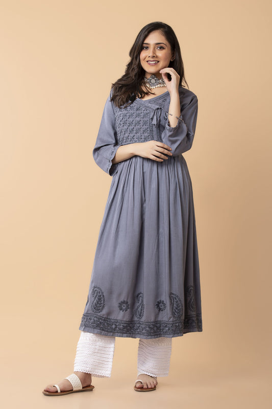 Lucknow Chikan Emporium Hand embroided Skin Freindly cotton rayon Chikankari Grey Angarkha.