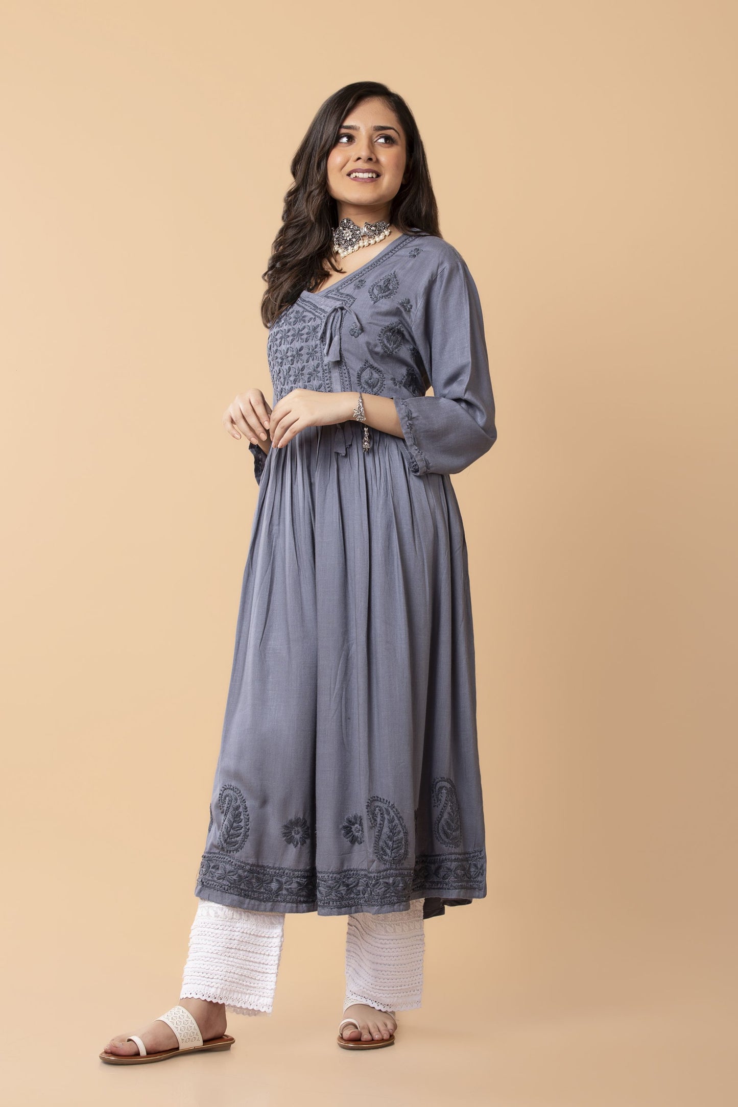 Lucknow Chikan Emporium Hand embroided Skin Freindly cotton rayon Chikankari Grey Angarkha.