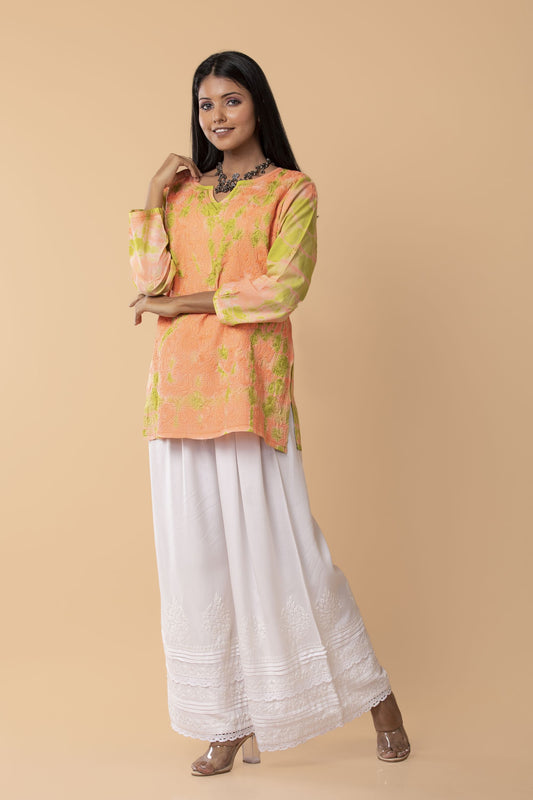 Lucknow Chikan Emporium Hand Chikankari Skin freindly soft cotton short tye dye  kurti Nice peach and green Colour