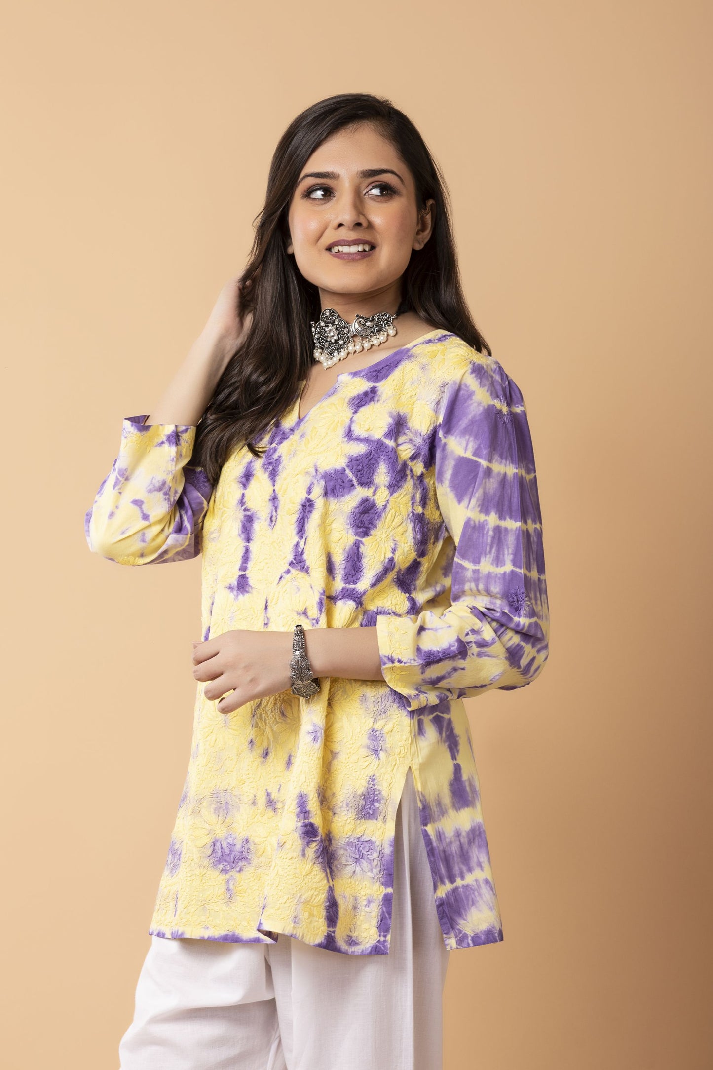 Lucknow Chikan Emporium Hand Chikankari Skin freindly soft cotton short tye dye  kurti Nice yellow and purple  Colour