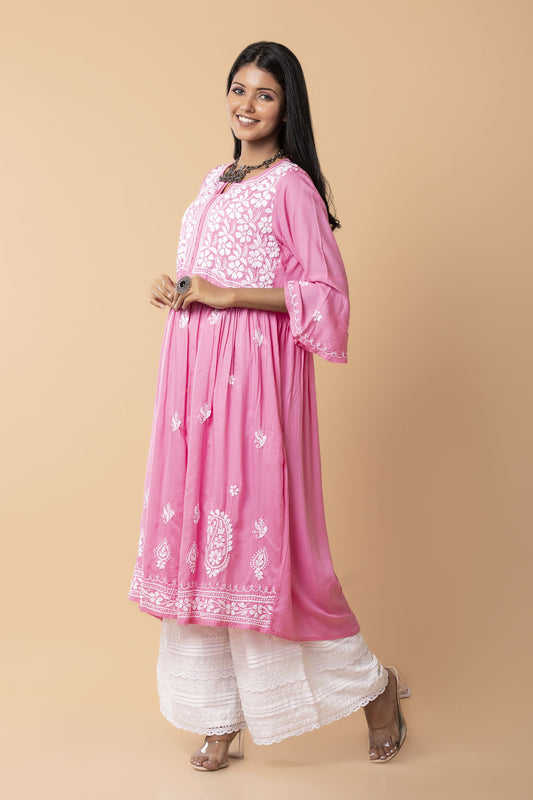 Lucknow Chikan Emporium Hand embroided cotton rayon Chikankari Pink Angarkha.