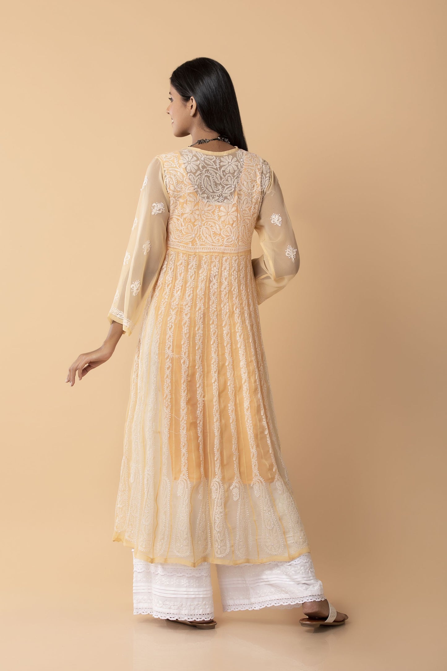 Lucknow Chikan Emporium Hand Chikankari  Semi Georgette nice fawn Anarkali Kurti