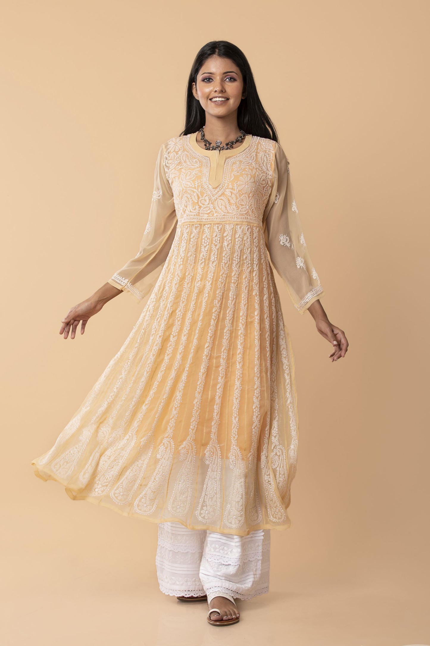 Lucknow Chikan Emporium Hand Chikankari  Semi Georgette nice fawn Anarkali Kurti