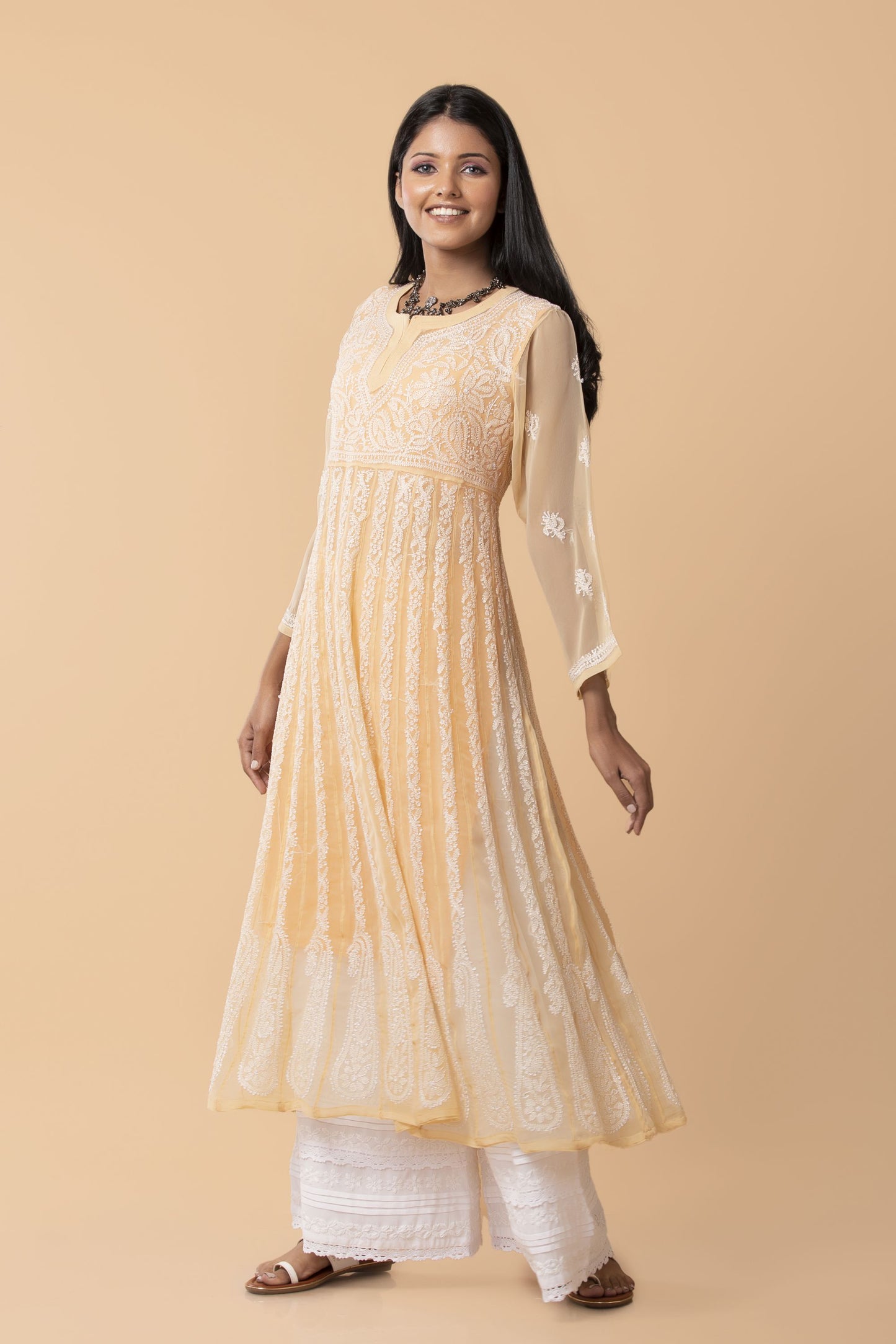 Lucknow Chikan Emporium Hand Chikankari  Semi Georgette nice fawn Anarkali Kurti