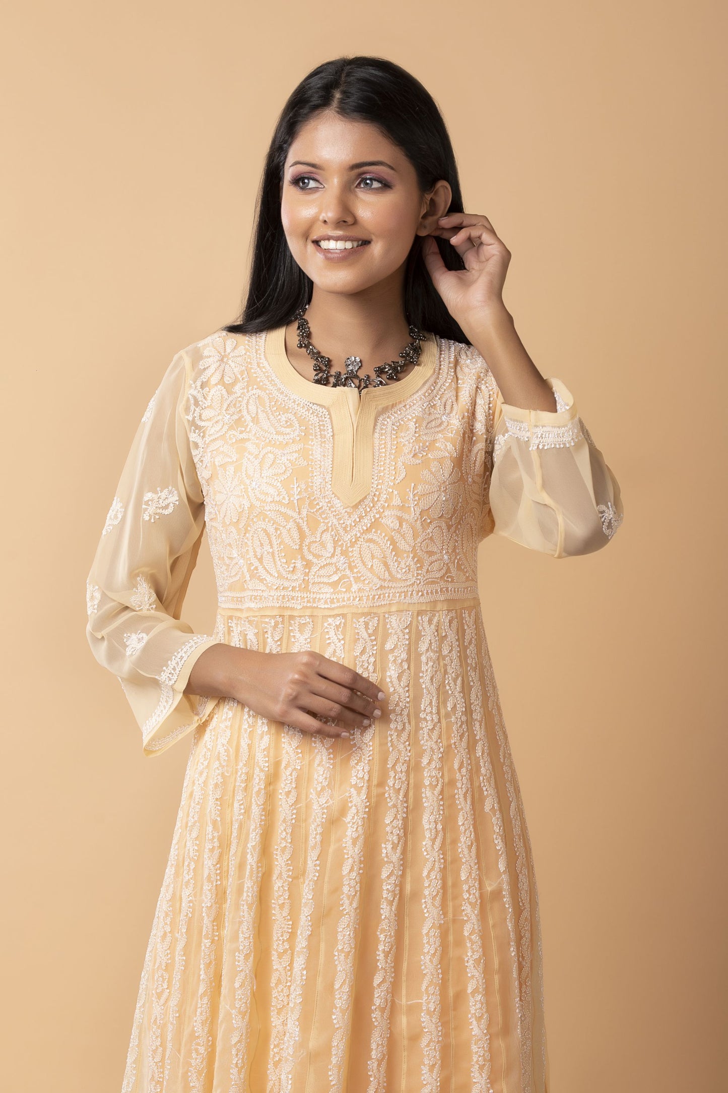 Lucknow Chikan Emporium Hand Chikankari  Semi Georgette nice fawn Anarkali Kurti