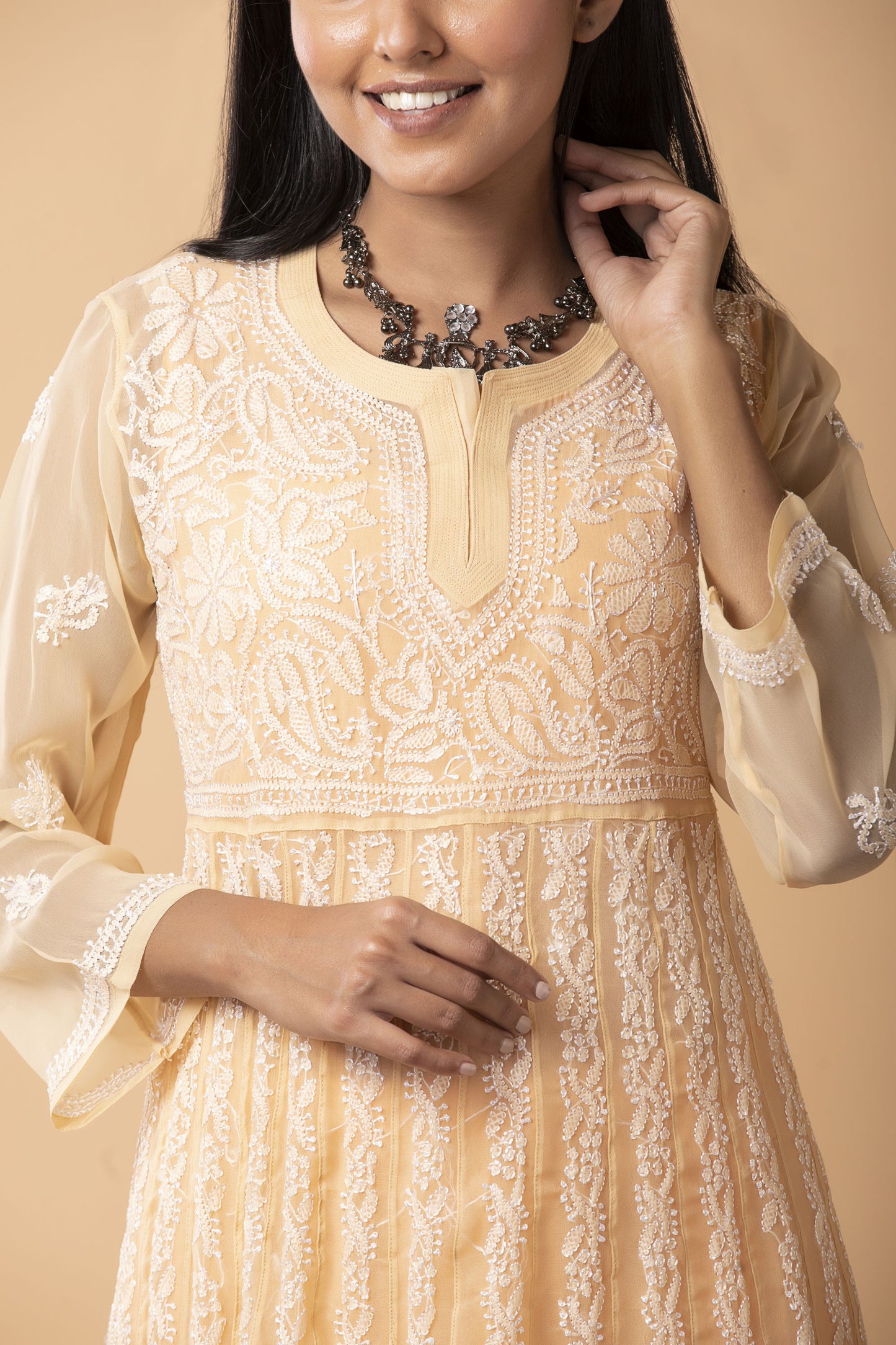 Lucknow Chikan Emporium Hand Chikankari  Semi Georgette nice fawn Anarkali Kurti