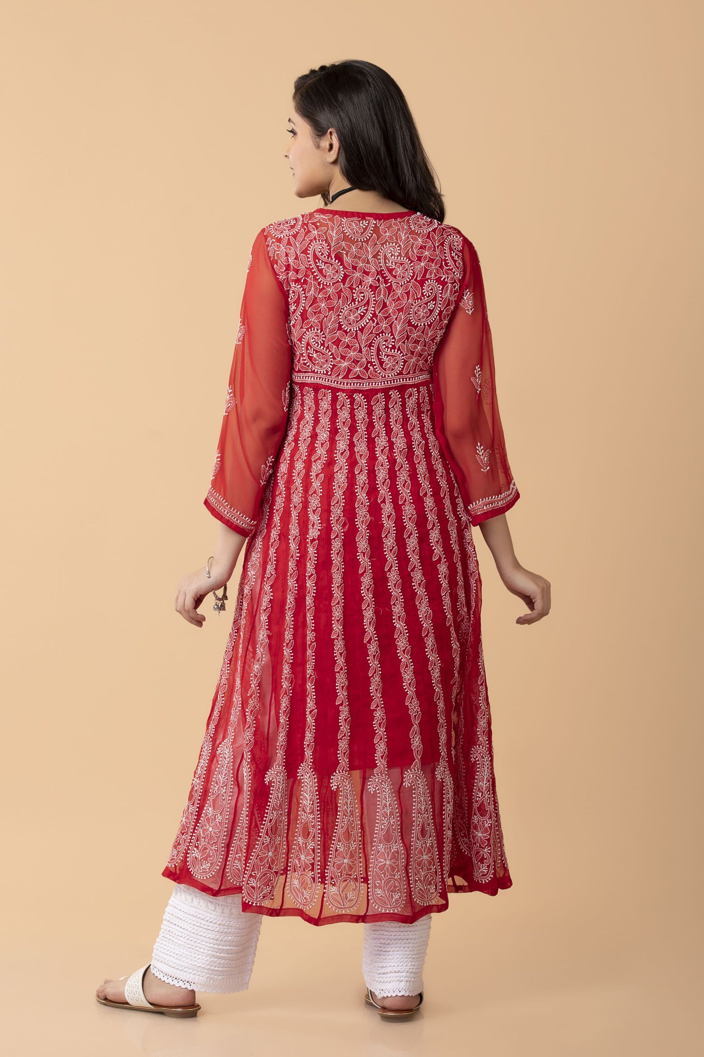 Lucknow Chikan Emporium Hand Chikankari   Semi  Georgette nice red Anarkali Kurti