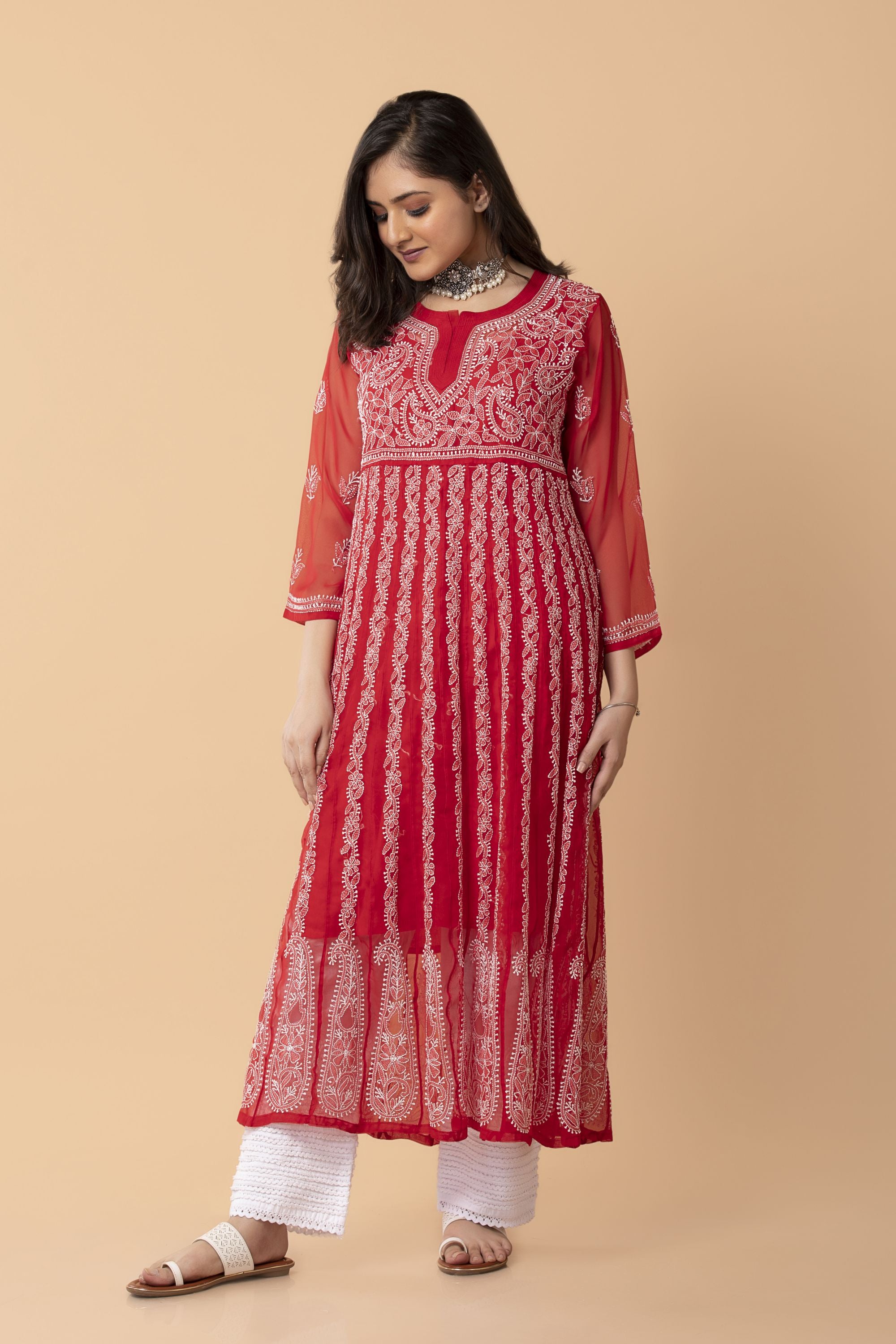 Many colour Lucknow chikankari hand embroidery selling chappan kali Kurti - Georgette Anarkali Choli Styale with inner Handmade Kurti.