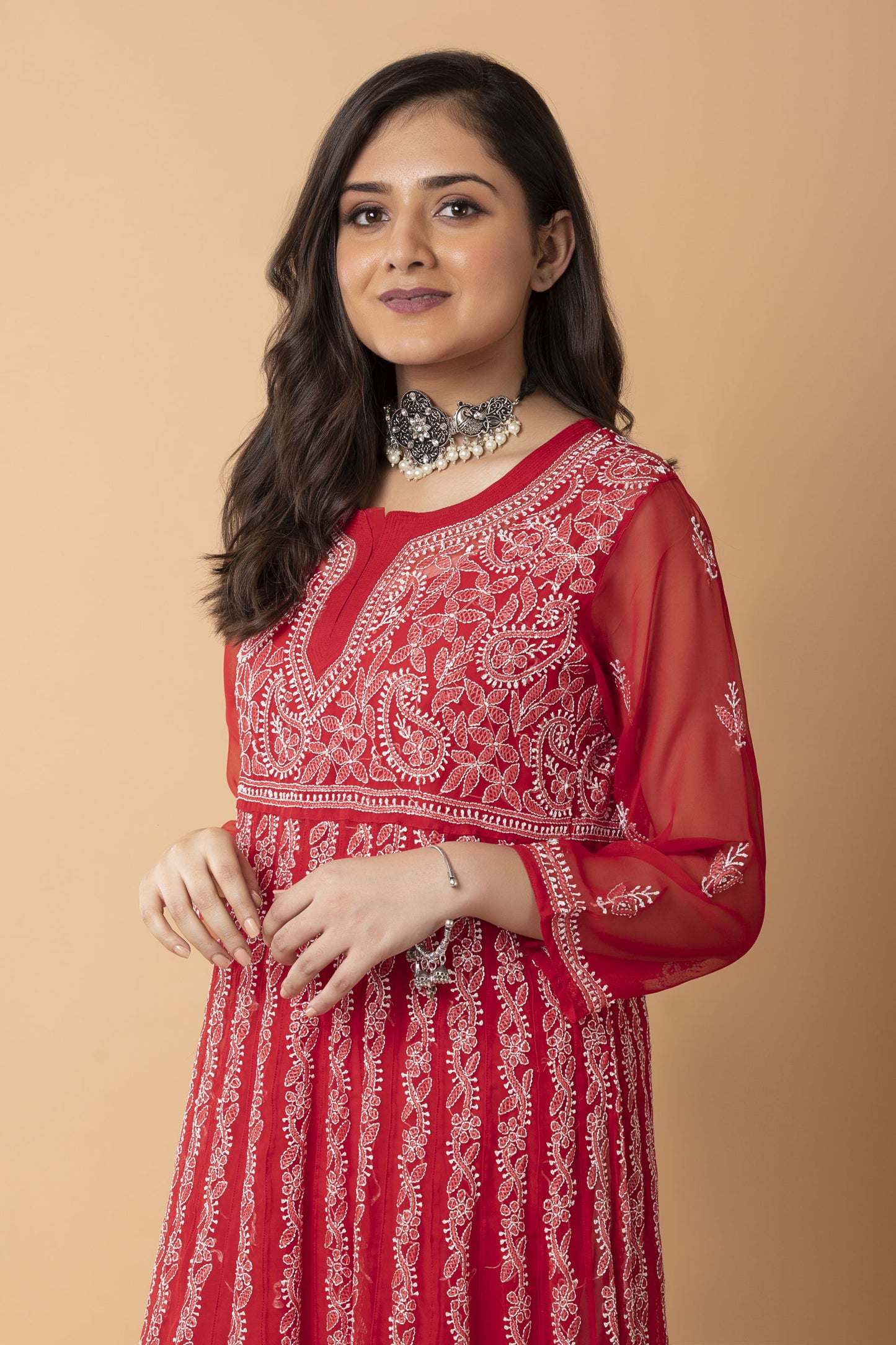 Lucknow Chikan Emporium Hand Chikankari   Semi  Georgette nice red Anarkali Kurti