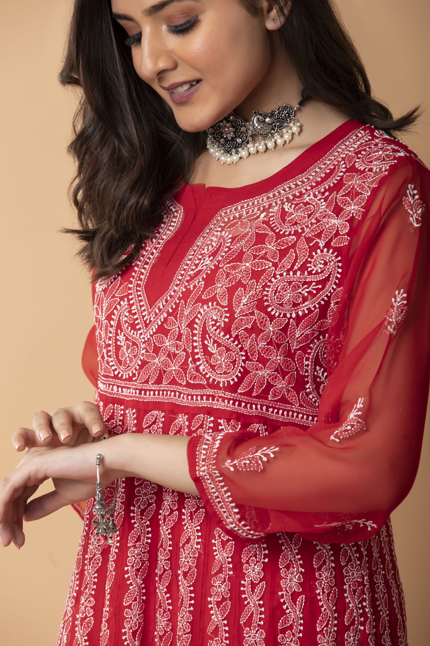 Lucknow Chikan Emporium Hand Chikankari   Semi  Georgette nice red Anarkali Kurti