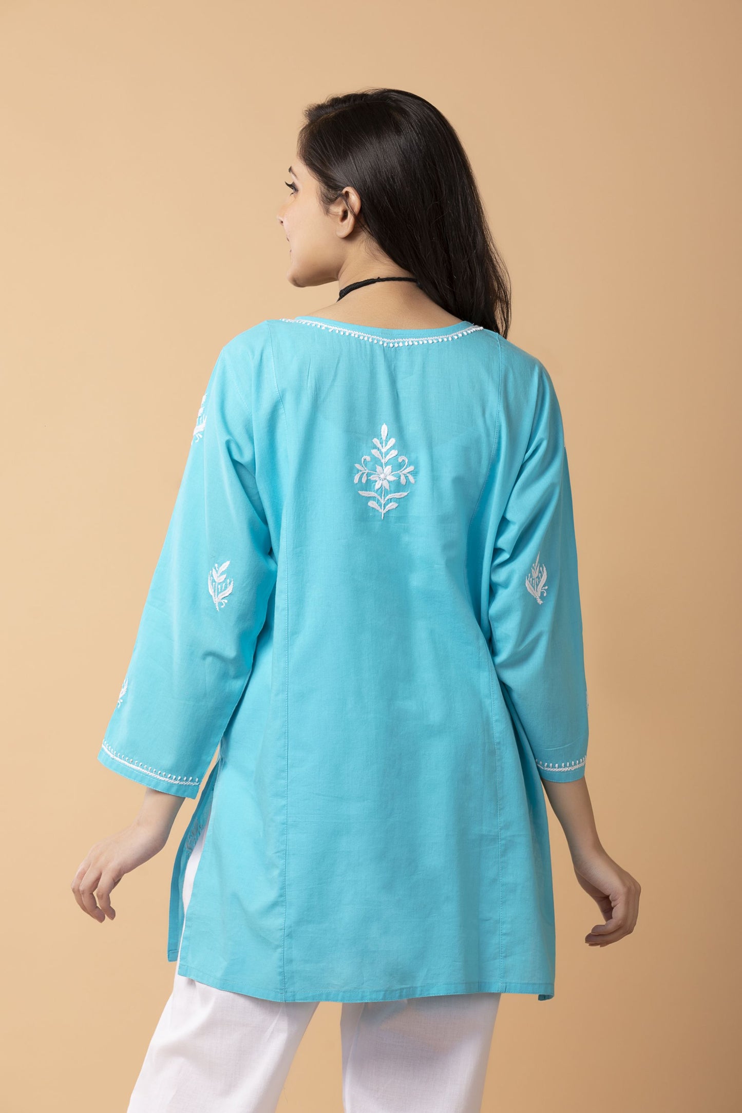 Lucknow Chikan Emporium Hand Chikankari Skin freindly soft cotton short kurti Nice Blue Colour.