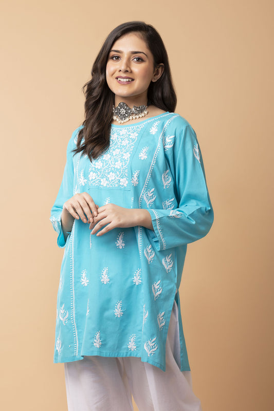 Lucknow Chikan Emporium Hand Chikankari Skin freindly soft cotton short kurti Nice Blue Colour.