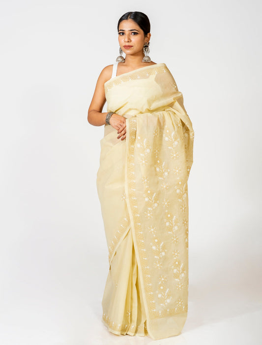 Lucknow Chikan Emporium Cotton Saree Fawn Colour With Same Colour Blouse.