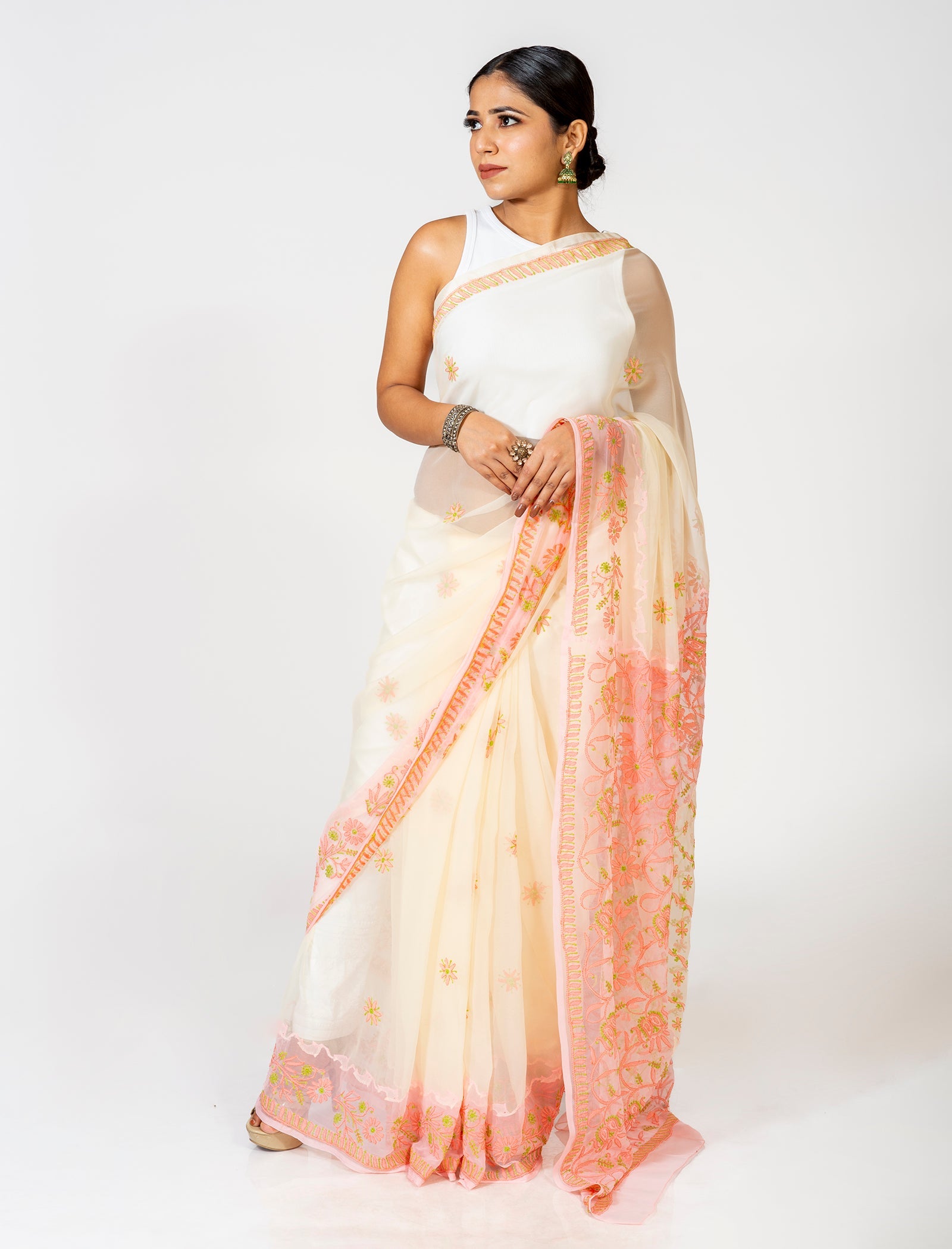 Lucknow Chikan Emporium Skin Freindly Semi Georgette Peach Color Saree With Blouse