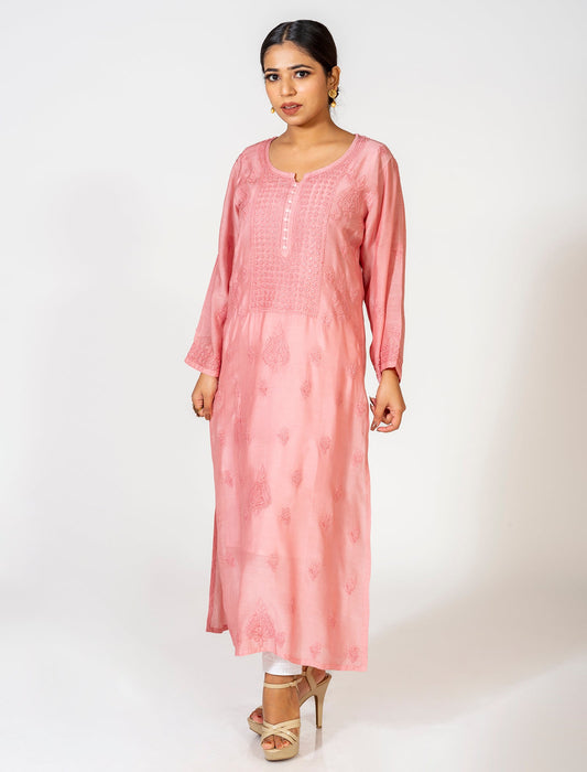 Lucknow Chikan Emporium Hand Embroided Skin Friendly Keel/Kangan Masleen Shado Chikankari Kurti Brown.