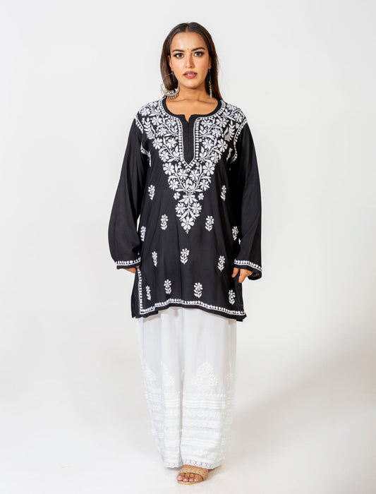 Lucknow Chikan Emporium Super Soft Fine Rayon Chikankari Kurti Black Colour.