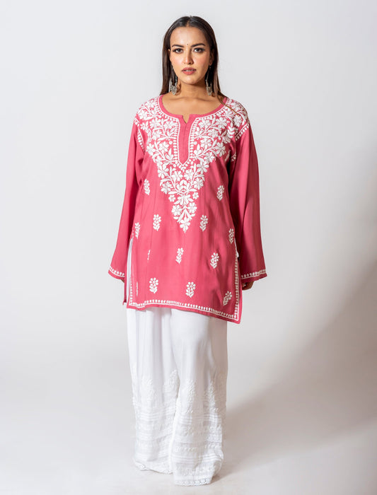 Lucknow Chikan Emporium Super Soft Fine Rayon Chikankari Kurti Pastel Colour.