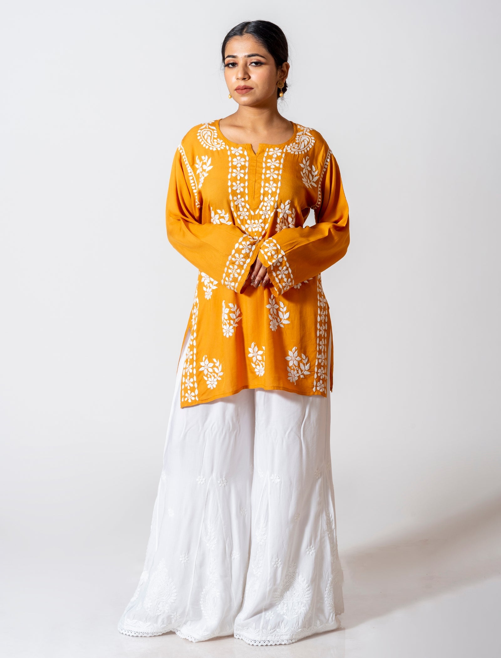 Lucknow Chikan Emporium Super Soft Fine Rayon Chikankari Kurti Mustard yellow Colour.