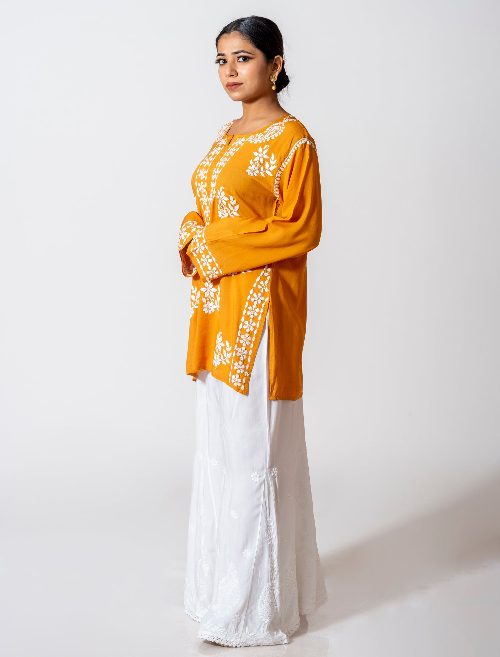 Lucknow Chikan Emporium Super Soft Fine Rayon Chikankari Kurti Mustard yellow Colour.