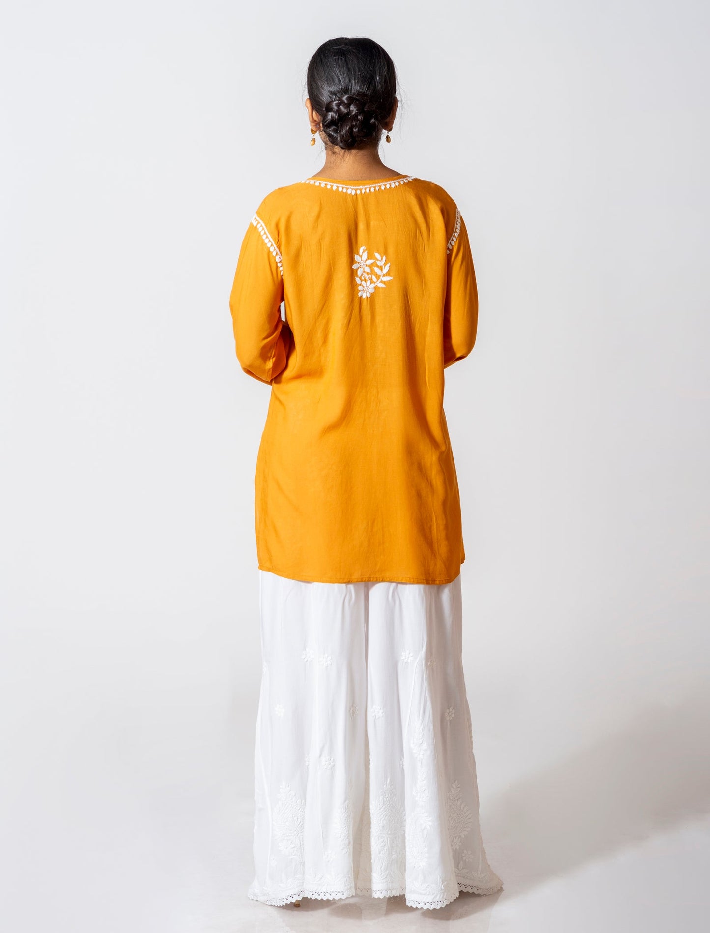 Lucknow Chikan Emporium Super Soft Fine Rayon Chikankari Kurti Mustard yellow Colour.