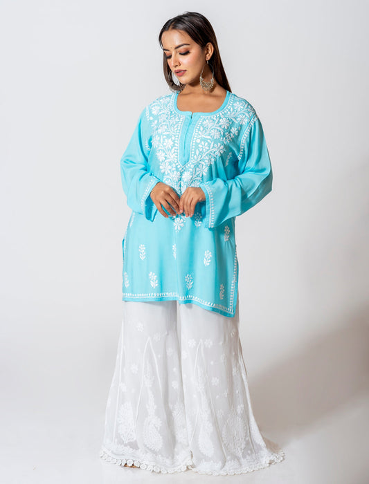 Lucknow Chikan Emporium Super Soft Fine Rayon Chikankari Kurti Blue Colour.