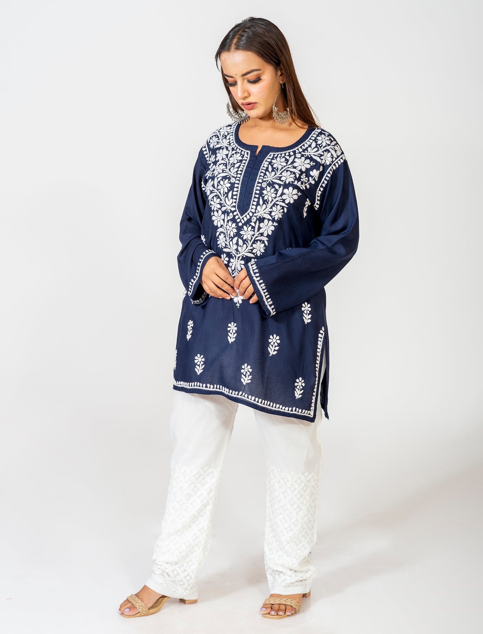 Lucknow Chikan Emporium Super Soft Fine Rayon Chikankari Kurti Royal Blue Colour.