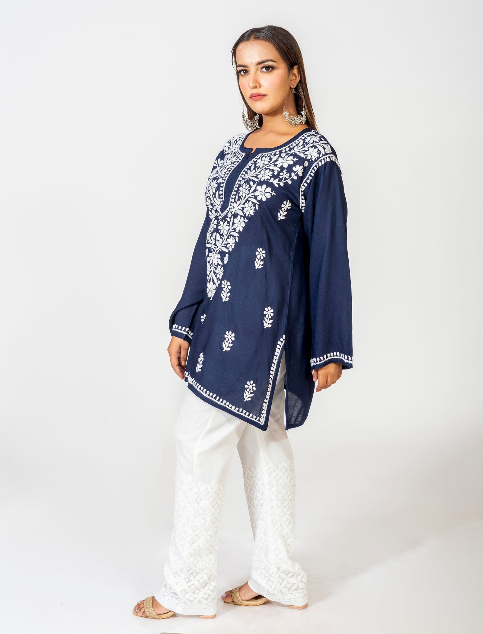 Lucknow Chikan Emporium Super Soft Fine Rayon Chikankari Kurti Royal Blue Colour.