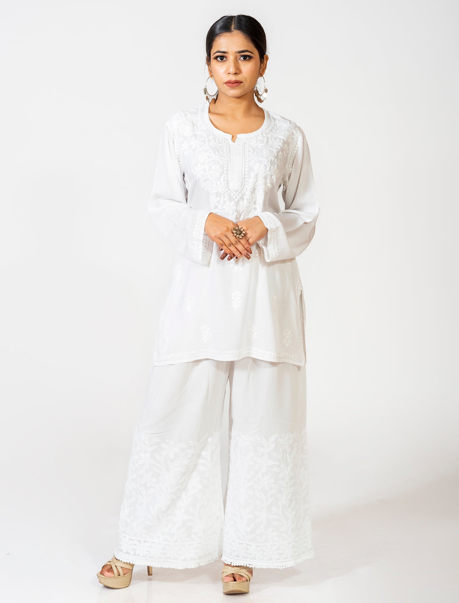 Lucknow Chikan Emporium Super Soft Fine Rayon Chikankari Kurti White Colour.