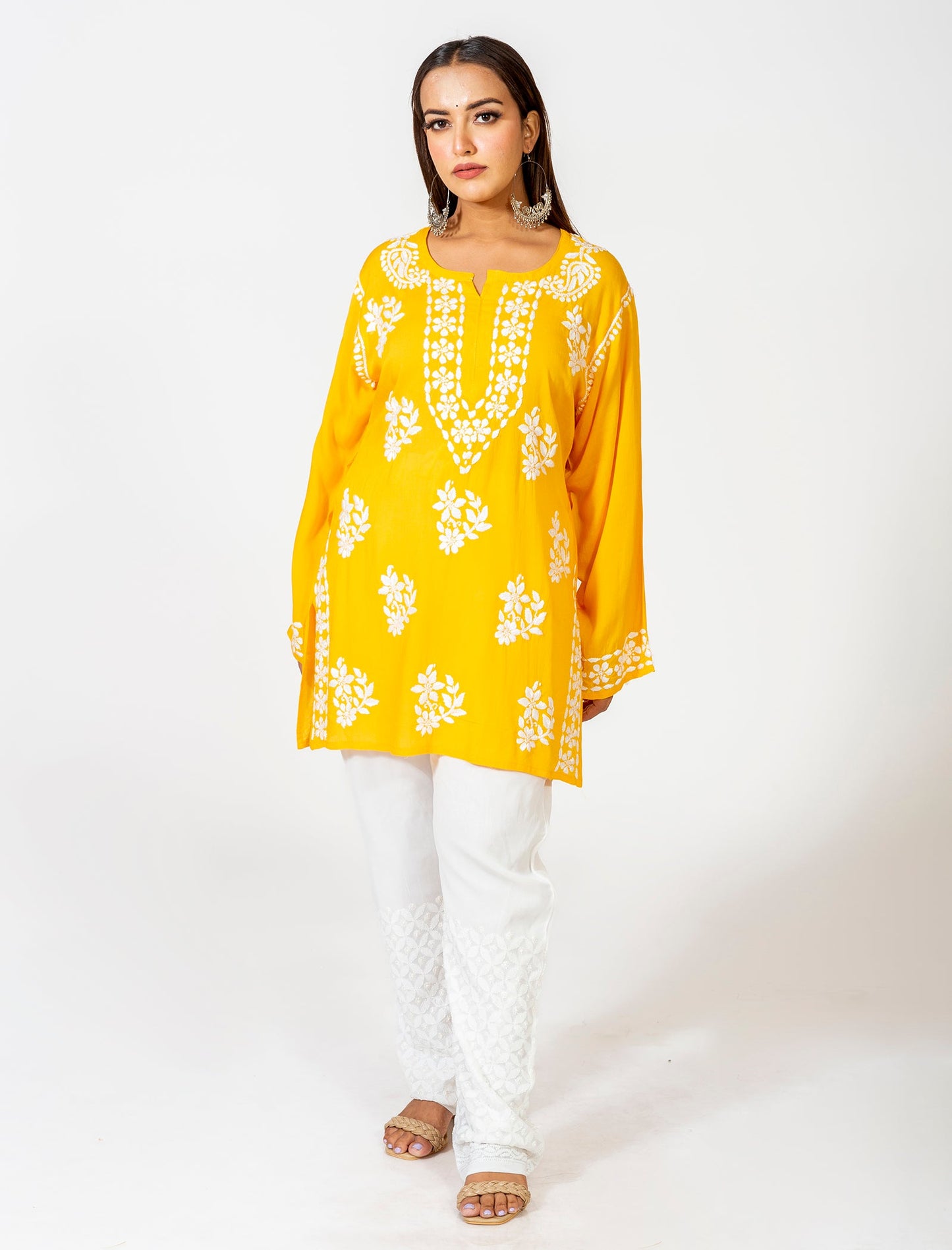 Lucknow Chikan Emporium Super Soft Fine Rayon Chikankari Kurti yellow Colour.