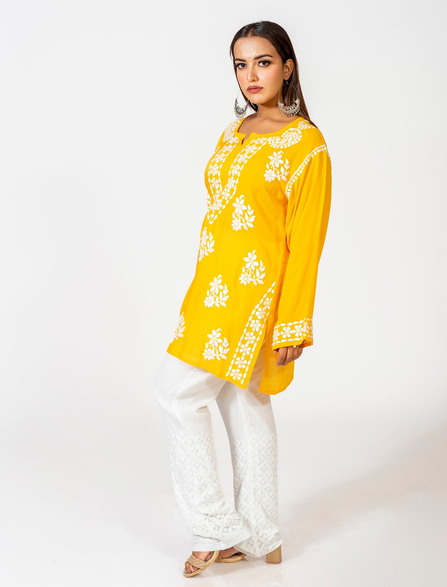 Lucknow Chikan Emporium Super Soft Fine Rayon Chikankari Kurti yellow Colour.