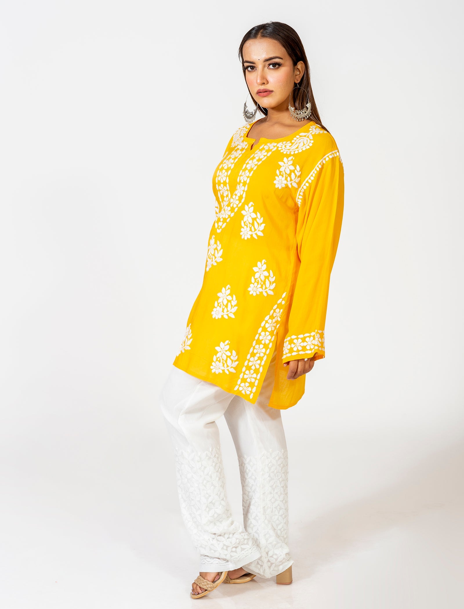 Lucknow Chikan Emporium Super Soft Fine Rayon Chikankari Kurti yellow Colour.