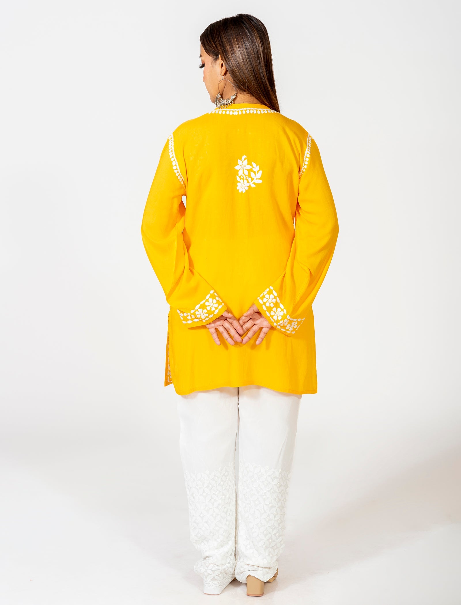 Lucknow Chikan Emporium Super Soft Fine Rayon Chikankari Kurti yellow Colour.