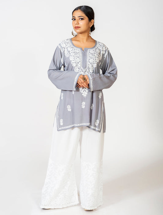 Lucknow Chikan Emporium Super Soft Fine Rayon Chikankari Kurti Grey Colour.