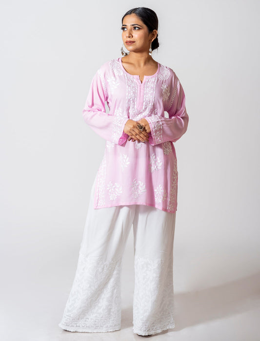 Lucknow Chikan Emporium Super Soft Fine Rayon Chikankari Kurti Pink Colour.