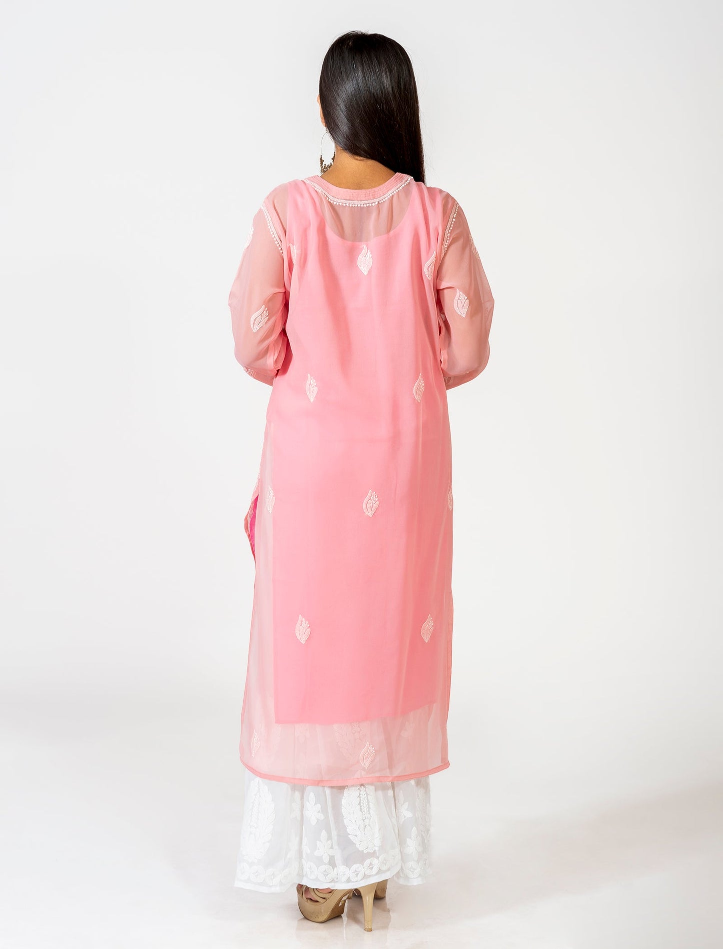 Lucknow Chikan Emporium Hand Embroided Skin Friendly Semi Georgette Chikankari Kurti Rusty Brown.