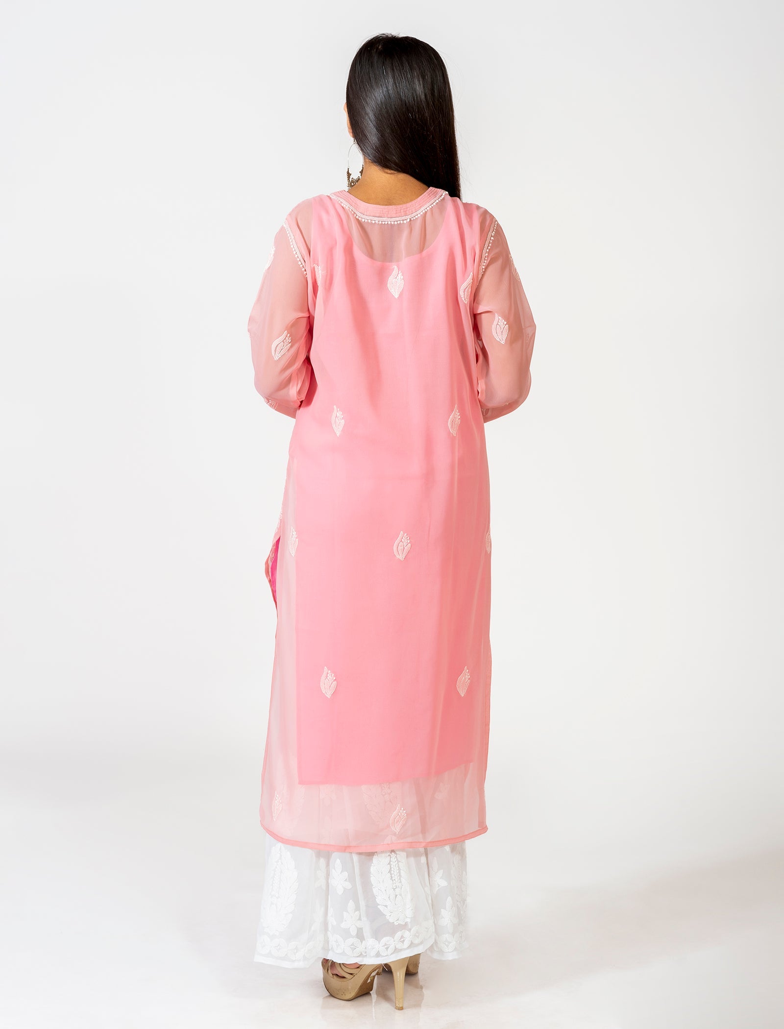 Lucknow Chikan Emporium Hand Embroided Skin Friendly Semi Georgette Chikankari Kurti Rusty Brown.