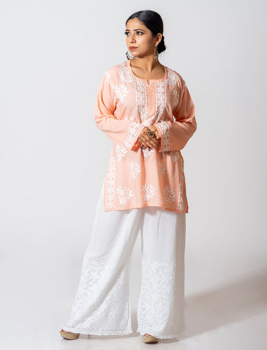 Lucknow Chikan Emporium Super Soft Fine Rayon Chikankari Kurti Peach Colour.