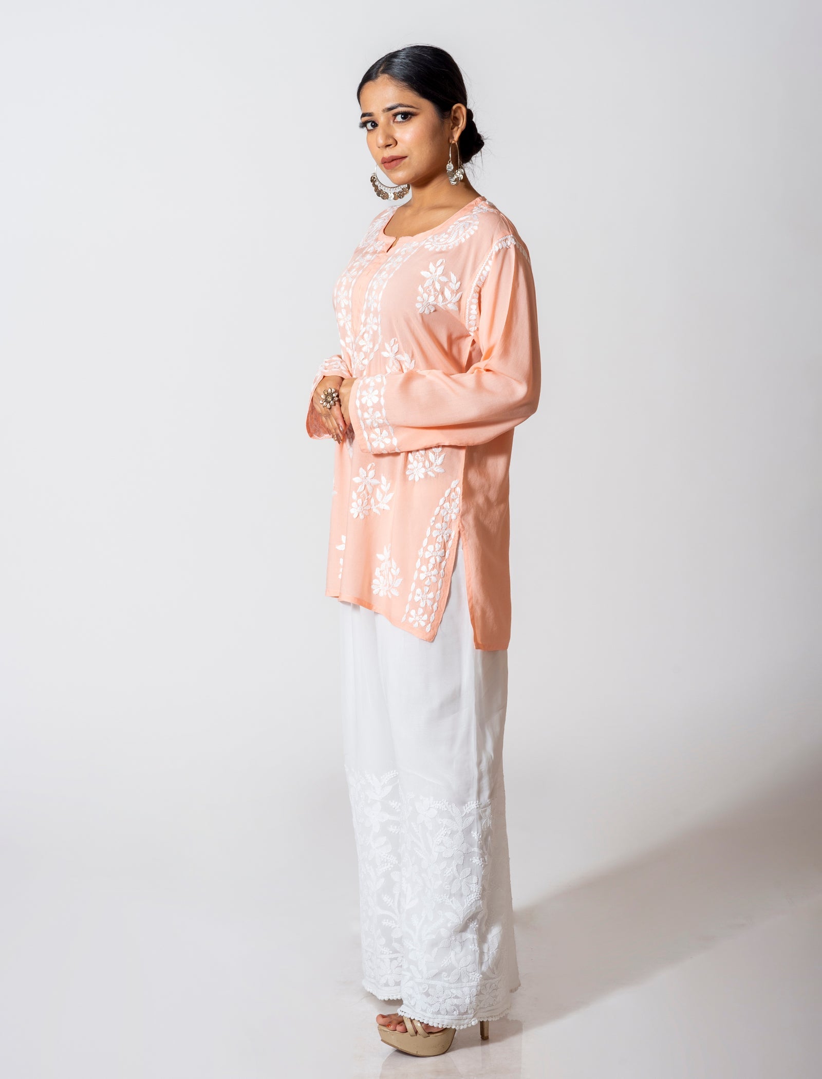 Lucknow Chikan Emporium Super Soft Fine Rayon Chikankari Kurti Peach Colour.