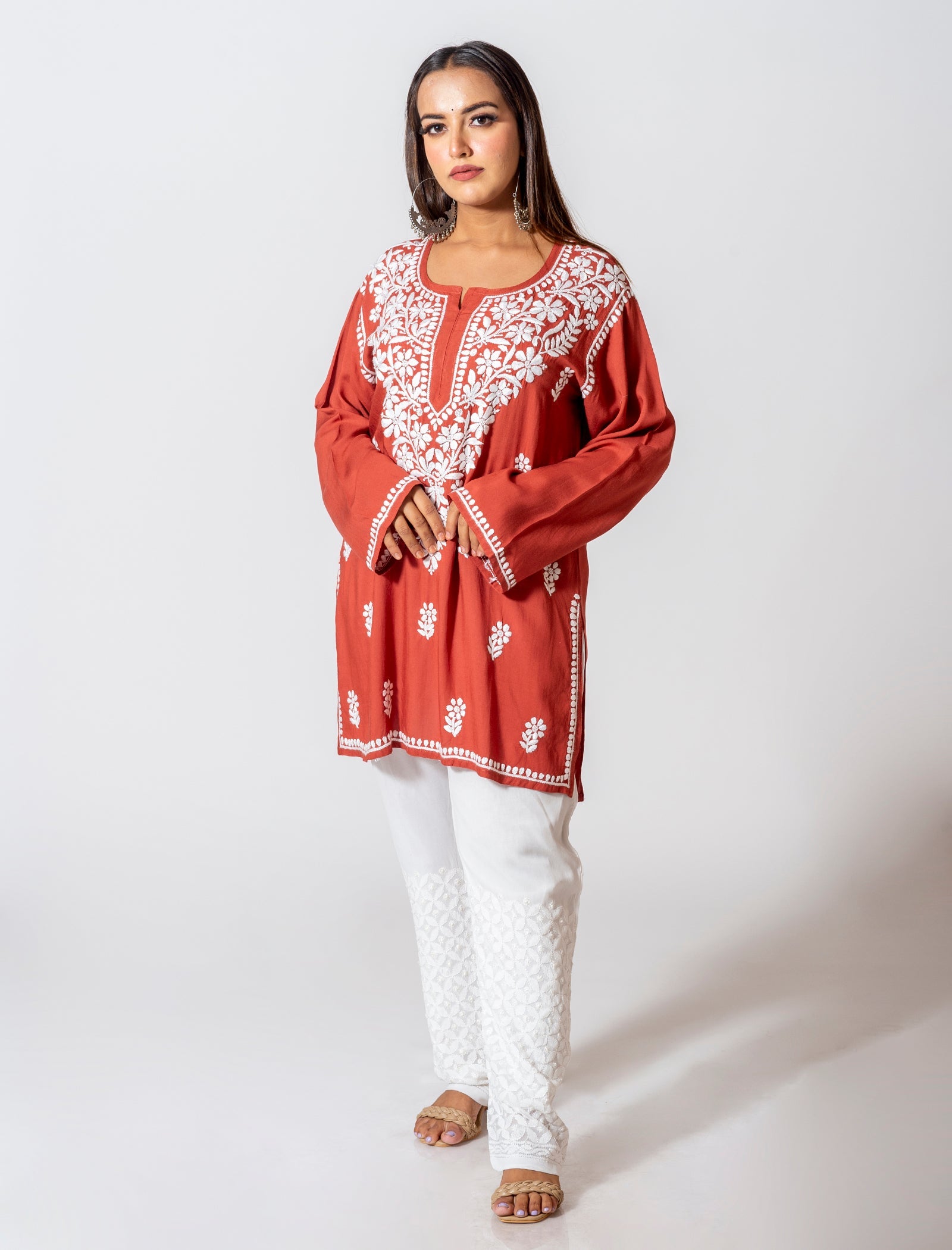 Lucknow Chikan Emporium Super Soft Fine Rayon Chikankari Kurti Brown Colour.