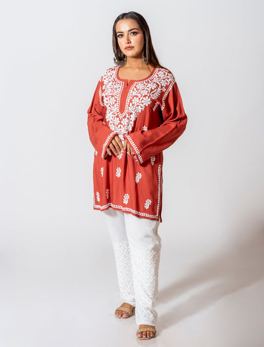 Lucknow Chikan Emporium Super Soft Fine Rayon Chikankari Kurti Brown Colour.