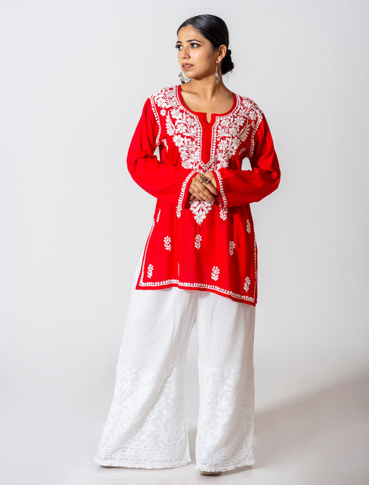 Lucknow Chikan Emporium Super Soft Fine Rayon Chikankari Kurti Red Colour.