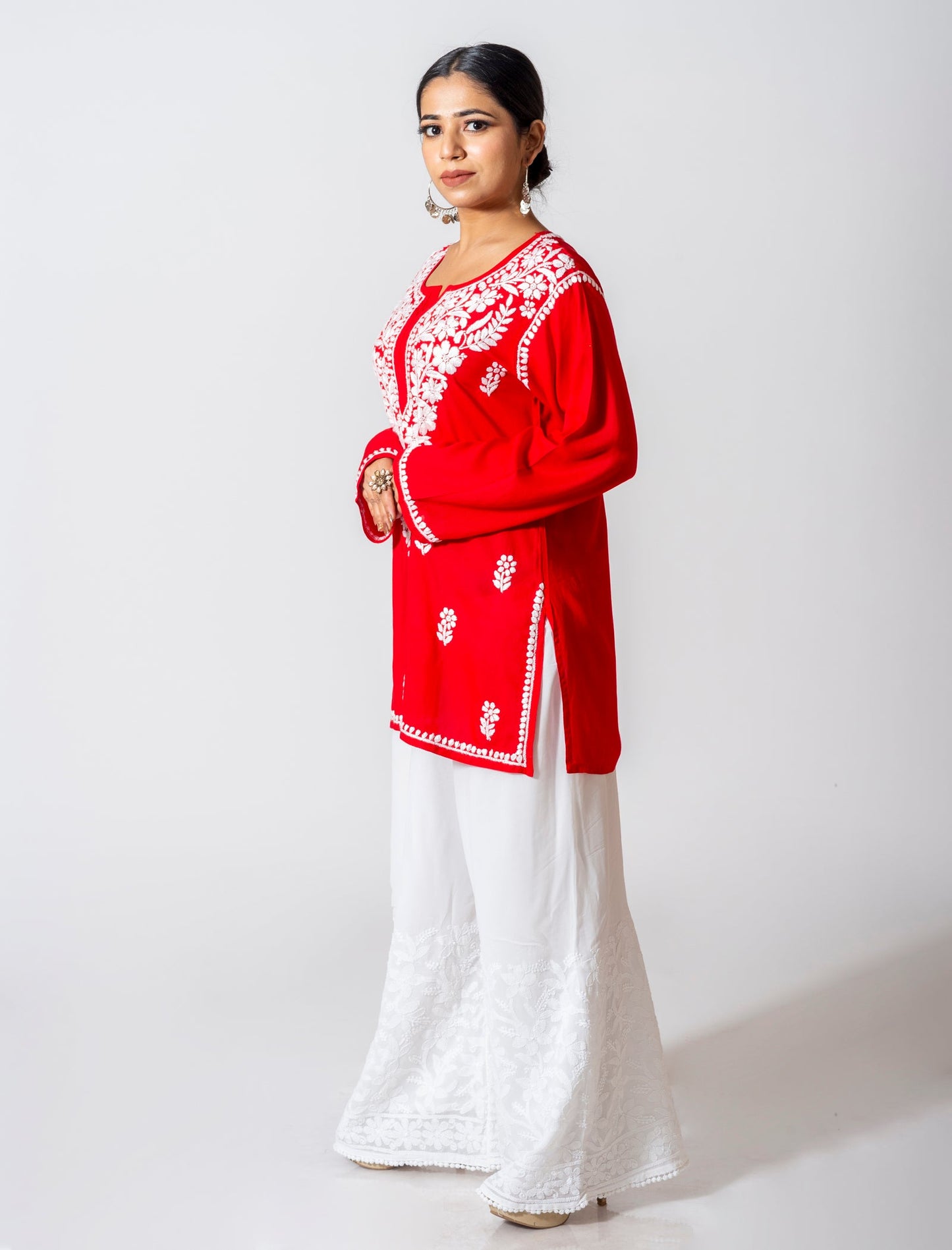 Lucknow Chikan Emporium Super Soft Fine Rayon Chikankari Kurti Red Colour.